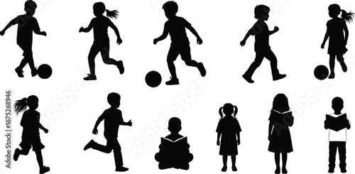 Silhouette of children playing, running, reading, active kids in motion, outdoor fun, childhood activity, school kids, learning moments