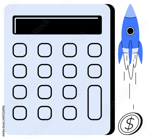 Calculator with large buttons, blue rocket symbolizing progress, and a rising coin representing profitability. Ideal for growth, finance, innovation, investment, business, success simple flat
