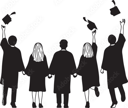 Silhouette vector of a group of graduates wearing togas and throwing their hats. 