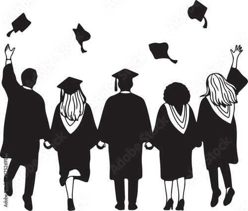 Silhouette vector of a group of graduates wearing togas and throwing their hats. Silhouette in black