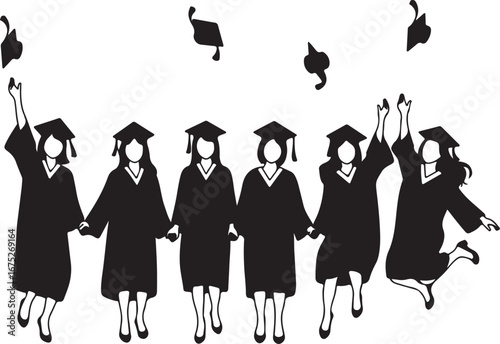 Silhouette vector of a group of graduates wearing togas and throwing their hats. Silhouette in black
