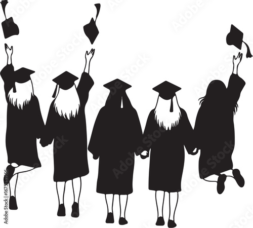 Silhouette vector of a group of graduates wearing togas and throwing their hats. Silhouette in black