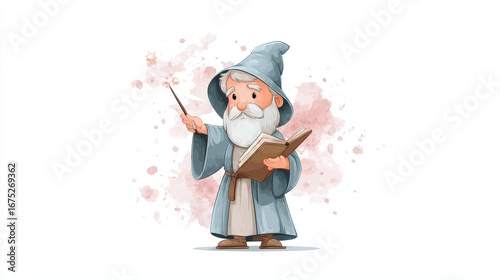 Cute cartoon wizard with long white beard, wearing blue robe and pointed hat, holding wand in one hand and open book in other, standing against watercolor splash background
