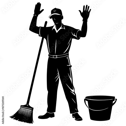 Janitor silhouette with broom and bucket in gesture pose symbolizing labor, everyday work, and expressive humanity