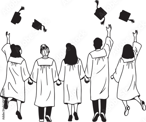 Vector silhouette of a group of graduates wearing togas and throwing their hats. Silhouette in white