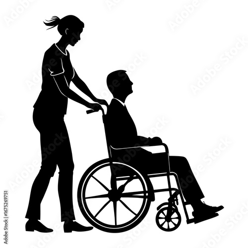 Caregiver pushing wheelchair silhouette representing support, compassion, and journey of care