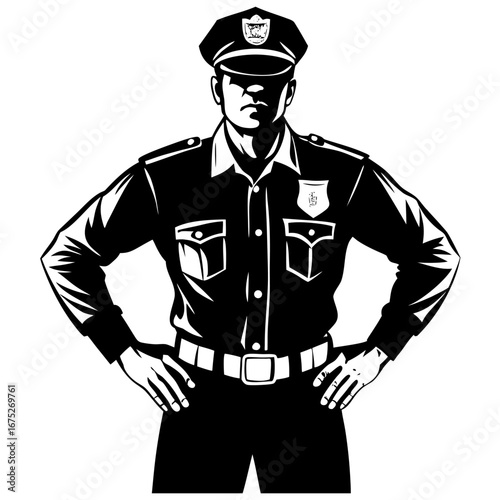 Police officer silhouette in uniform with authority, strength, and law enforcement power, low angle black and white