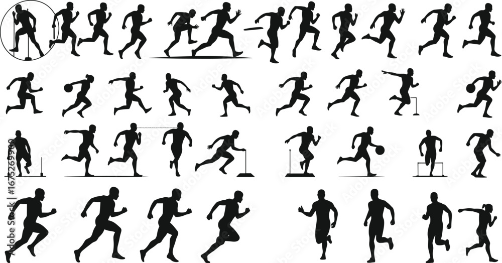 Naklejka premium Silhouettes of athletes running, sprinting, and hurdling, male runners, sports motion, fitness, track and field, dynamic movement, athletic training.