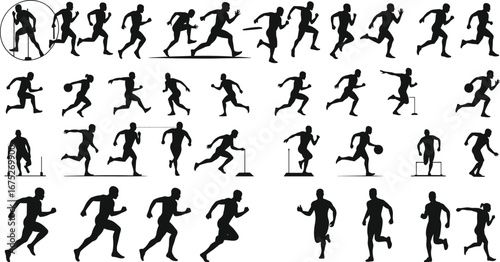 Silhouettes of athletes running, sprinting, and hurdling, male runners, sports motion, fitness, track and field, dynamic movement, athletic training.