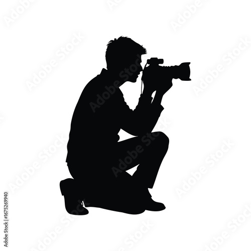 Silhouette of photographer kneeling and holding a camera ready to take a picture, photographer reviewing photos on camera silhouette vector illustration