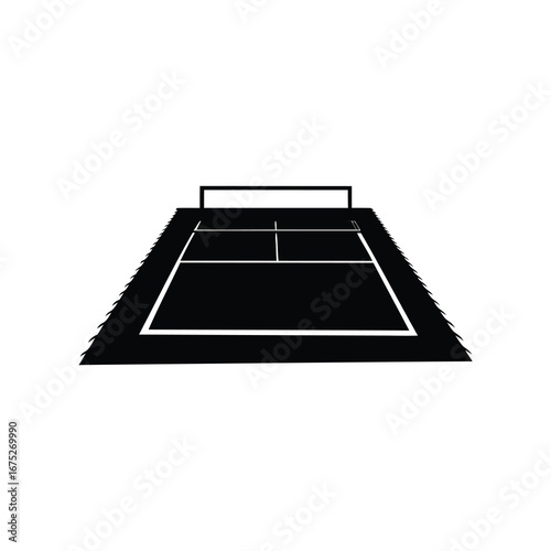 Minimalist black and white illustration of a tennis court with a net, pickleball court silhouette vector illustration