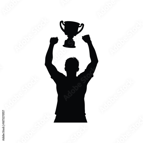 Silhouette of a triumphant athlete holding a trophy high in the air, player lifting trophy silhouette vector illustration