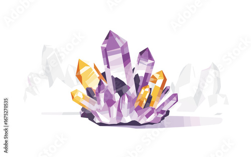 Geometric Crystal Cluster: Amethyst and Citrine Mineral Specimen with Modern Art Style, Isolated on White Background, Colorful Vector Design