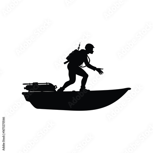 Silhouette of a Soldier on a Boat Ready for Action or Adventure, scuba diver on a dive boat silhouette vector illustration
