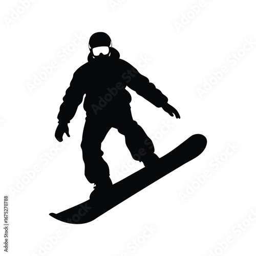 A stark silhouette of a snowboarder gliding down a snowy slope with confidence, snowboard silhouette vector illustration