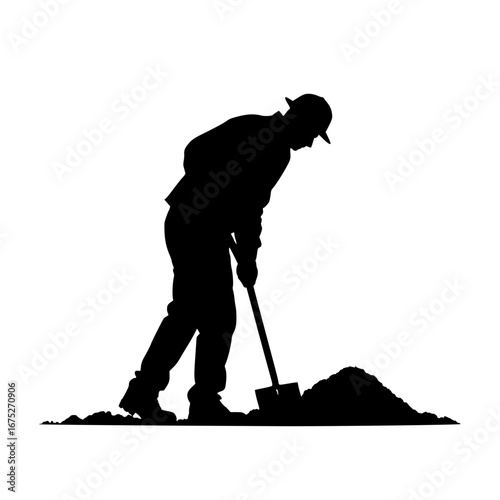 Silhouette of a man digging in the ground with a shovel wearing a hat