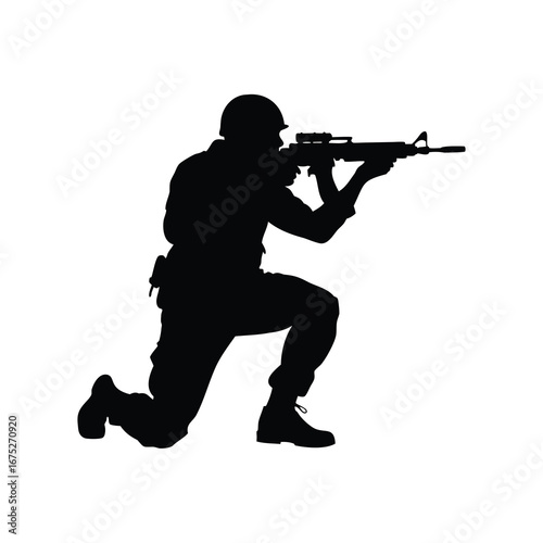 Silhouette of a soldier on one knee aiming a rifle precisely, soldier aiming weapon silhouette vector illustration