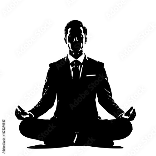 Silhouette of a businessman in lotus position meditating in black suit