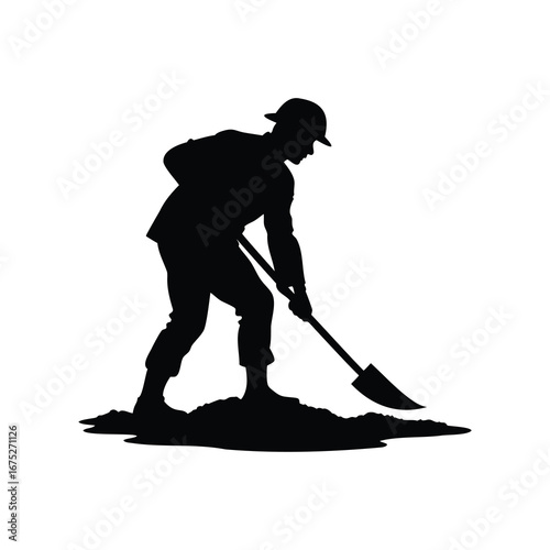 Silhouette of a hard working man digging in the dirt with a shovel, soldier digging trench silhouette vector illustration