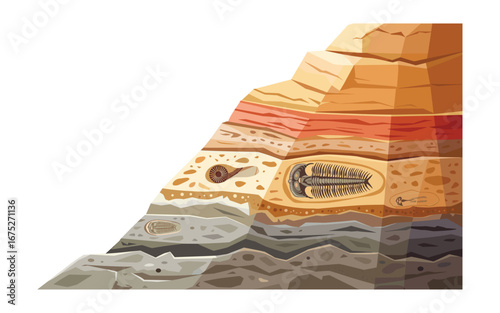 Geological Layers with Fossil Examples: Cross Section Illustration of Rock Strata, Sedimentation and Trilobites, Ammonites, and Fish Fossils within the Earth