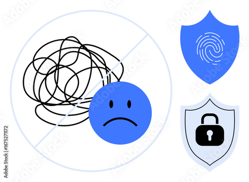 Sad face contrasts tangled lines, with fingerprint and lock shields symbolizing protection and clarity. Ideal for cybersecurity, privacy, stress management, simplicity, mental health, data safety