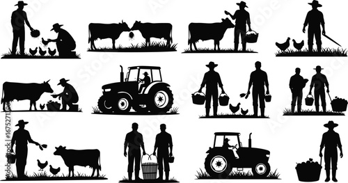 Silhouettes of farmers, cows, chickens, and tractors on farmland, harvesting crops, feeding animals, working in agriculture and rural farm life