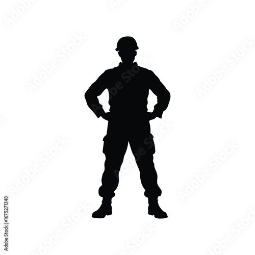 Full body silhouette of a soldier in combat gear standing tall, soldier in camouflage uniform silhouette vector illustration