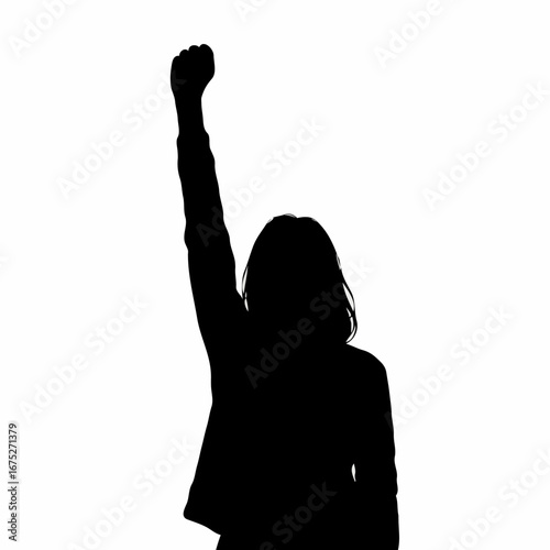Black silhouette of a woman raising her fist in a powerful symbol of protest, activism, and solidarity