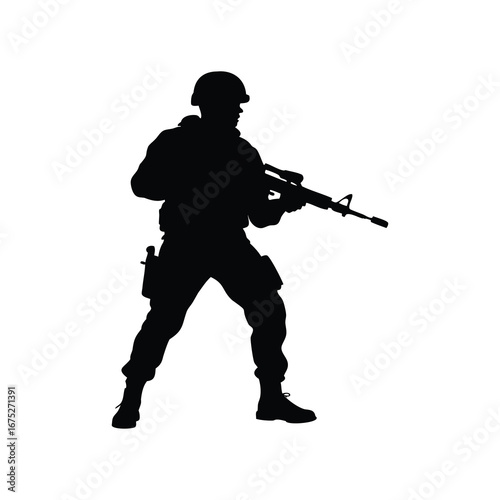 Silhouette of a soldier aiming a rifle in a black and white picture, soldier in combat gear silhouette vector illustration