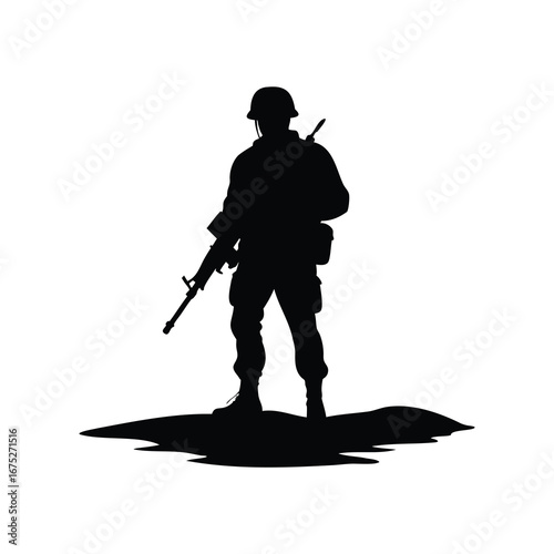 Silhouette of a Soldier Standing Guard, Armed and Ready, in Low Light, soldier in desert environment silhouette vector illustration