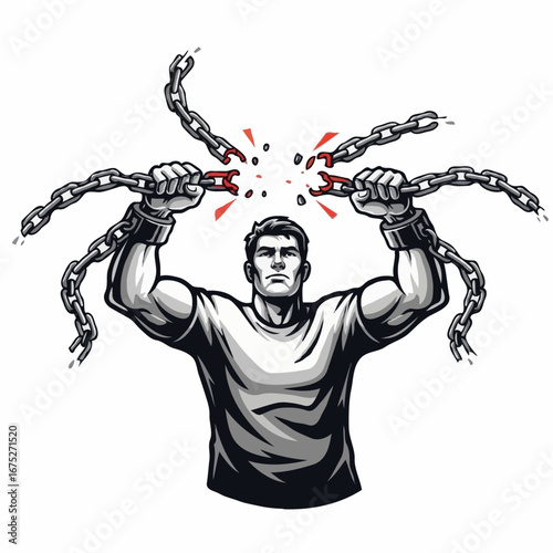 Muscle man breaks chain as a symbol of freedom and strength