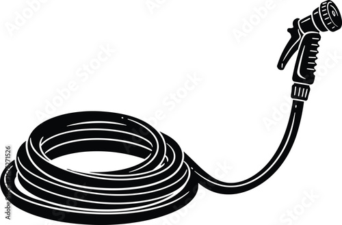 Coiled garden hose with spray nozzle, flexible water hose, outdoor watering equipment, garden irrigation tool, hosepipe with trigger spray, lawn care, yard maintenance.