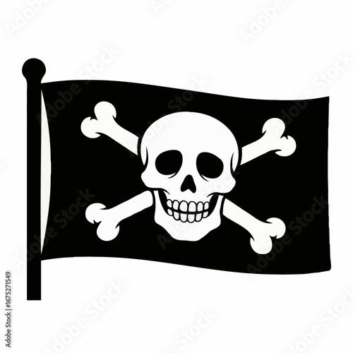 Iconic representation of a pirate flag featuring a stark white skull and crossed bones on a solid black background, embodying rebellion, adventure, and danger