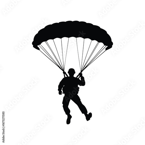 Silhouette of a skydiver with parachute gliding down to the ground, soldier in parachute jump silhouette vector illustration
