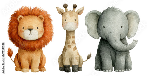 Cute Cartoon Animals: Lion, Giraffe, and Elephant