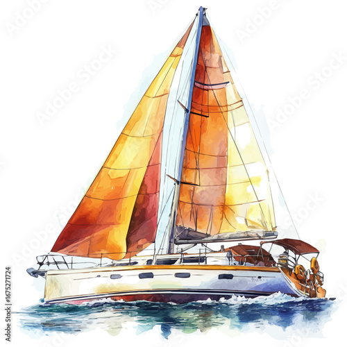 Sailing Boat Summer Breeze, watercolor painting vector, isolated on a white background.