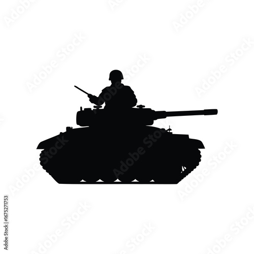 Silhouette of tank and soldier on white background, military vehicle, soldier in tank silhouette vector illustration