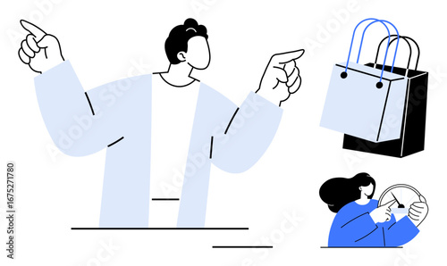 Man pointing upwards, shopping bags suspended beside him, and woman setting clock hands. Ideal for time management, scheduling, shopping, organization, productivity, time allocation work-life