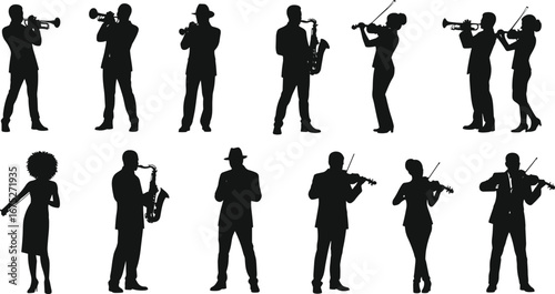 Silhouettes of jazz musicians playing trumpet, saxophone, violin, diverse band performing, musical instruments, live music, concert, creativity, entertainment, artistic expression.