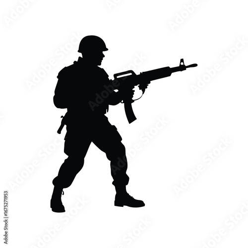 Silhouette of soldier in combat stance holding an assault rifle against white background, soldier with grenade launcher silhouette vector illustration