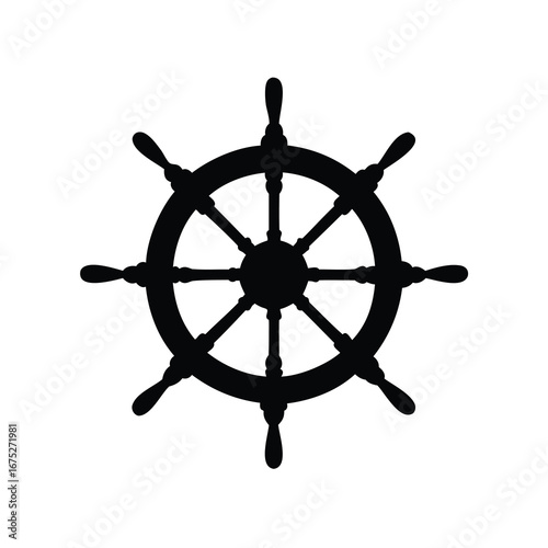Black Silhouette Illustration of a Ship's Steering Wheel on a White Background, steering wheel ship helm silhouette vector illustration