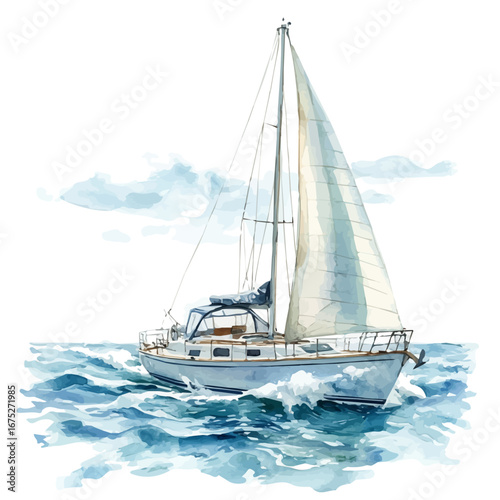 Sailing Boat Summer Breeze, watercolor clipart vector, isolated on a white background.