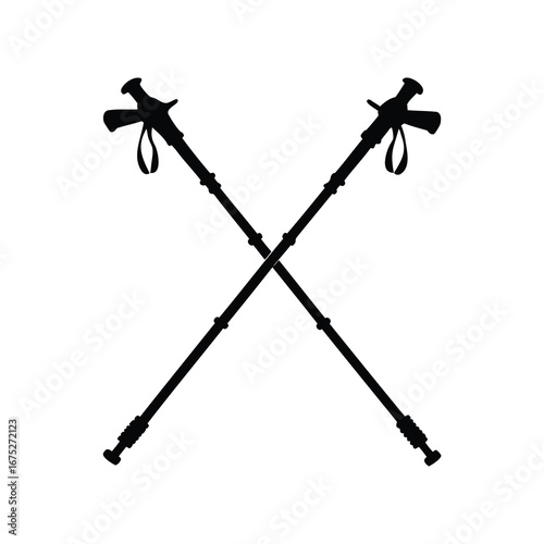 Silhouette of two crossed trekking poles on a white background, mountain equipment, trekking poles on silhouette vector illustration