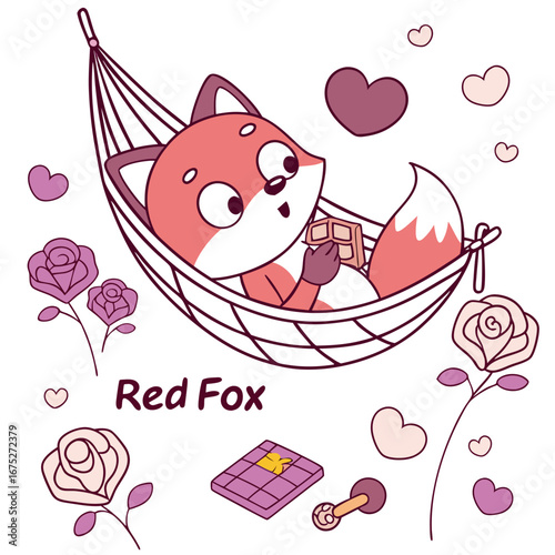 Cute Surprised Red Fox, accessorized with in a hammock, in a Valentine world – Valentine Blush palette vector