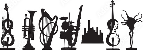 Stylish Monochrome Silhouette of Musical Instruments and Industrial Design Elements