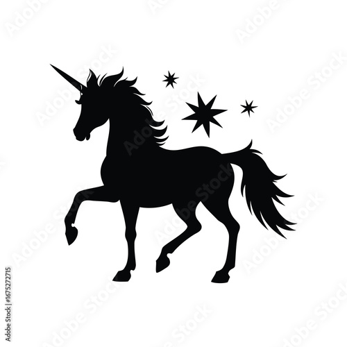 Black silhouette of a prancing unicorn surrounded by stars on white background, unicorn with sparkles silhouette vector illustration