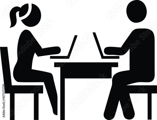 Two people working together on laptops isolated on white background