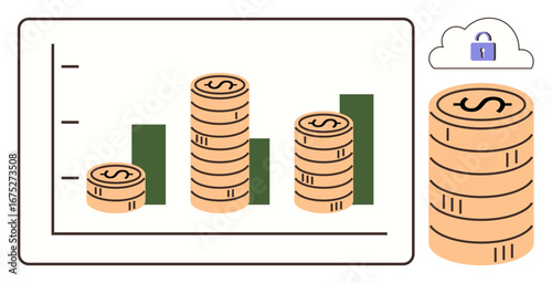 Stacked coins increasing alongside bar graph show financial growth and security. Secured cloud icon highlights data safety. Ideal for finance, investments, savings, analytics, banking, data security