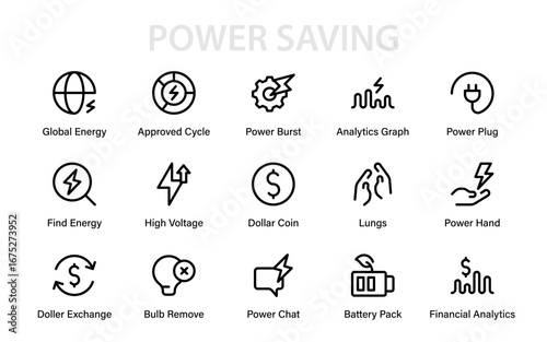 Minimal Energy Line Icon Set. Modern Professional Collection of Electricity Efficiency Vector Symbols for Business Growth and Global Finance