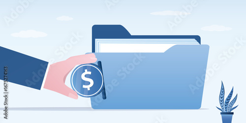 Businessman or user hand putting coins in giant file folder. Cloud remote storage. Payment for information storage. Small business financing, opening new online data.